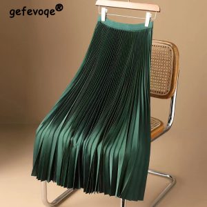 Autumn Winter Satin Elegant Fashion High Waist Solid Pleated A-line Skirt Women Temperament All-match Skirts Women's Clothing