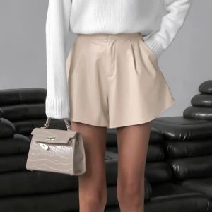 Bclout Autumn Beige Leather Shorts Women Y2k Casual Elastic Pleated PU Shorts Elegant High Waist Sexy Wide Leg Short Female