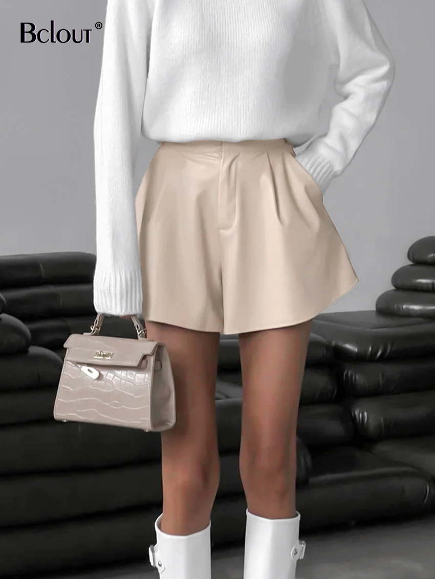 Bclout-Autumn-Beige-Leather-Shorts-Women-Y2k-Casual-Elastic-Pleated-PU-Shorts-Elegant-High-Waist-Sexy