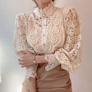 Women Stand Collar Lace Patchwork Shirts Casual Hollow Out Flower Petal Sleeve Buttonw Tops white shirts for women