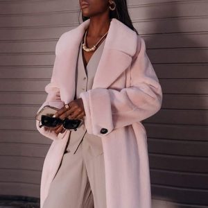 Women's Imitation Rabbit Fur Coats Fashion Elegant High Waist Lace Up Adjustable Lapel OverCoat  Winter Thick Warm Overcoat